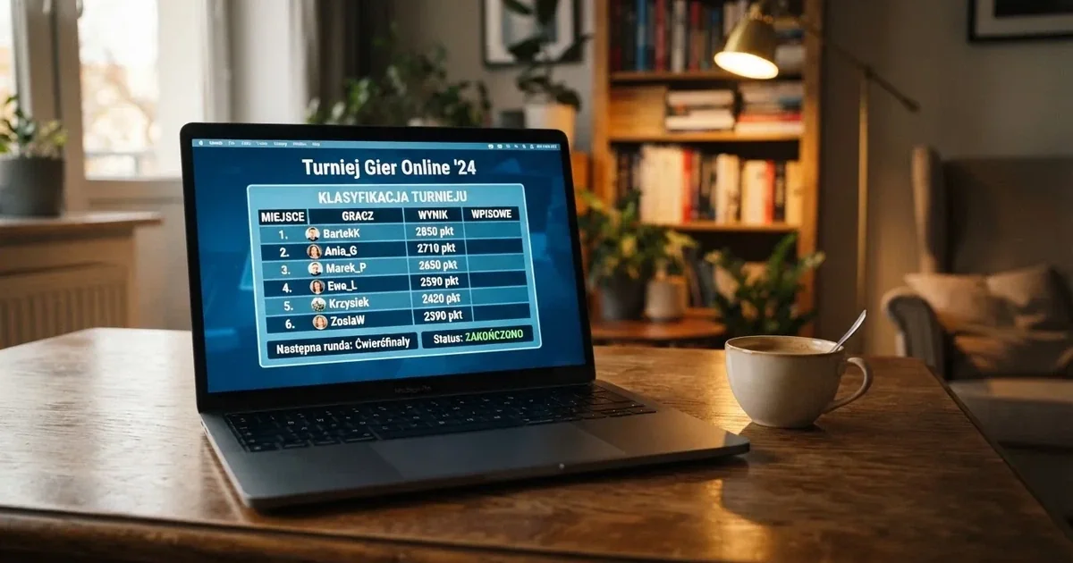 Laptop na biurku z otwartą tabelą wyników turnieju i pustym polem wpisowego obok filiżanki kawy