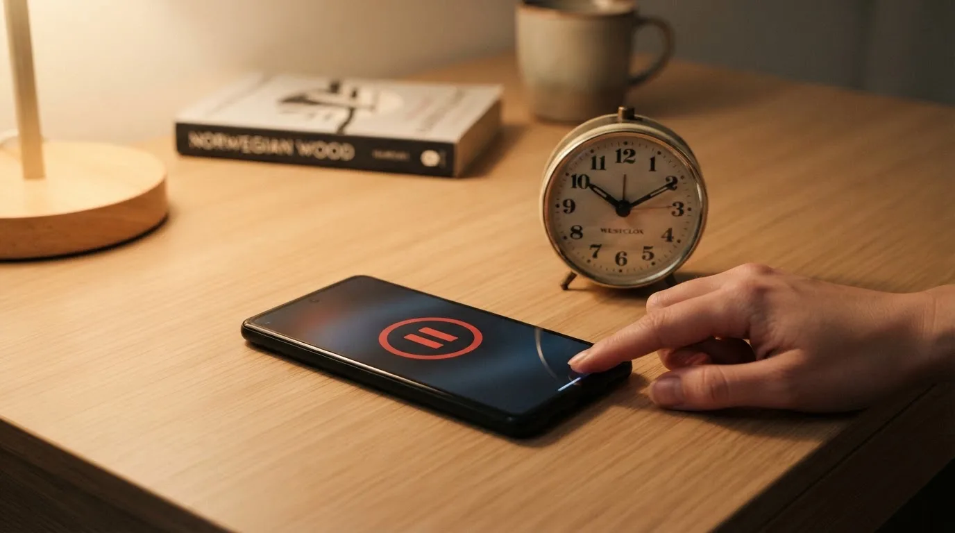 Smartfon leży na biurku z prostym czerwonym symbolem pauzy na ekranie, obok stoi budzik wskazujący wieczorną godzinę
